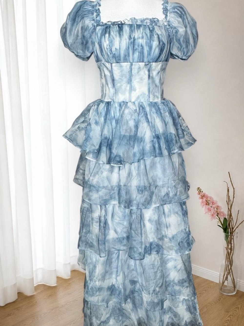 Blue Tie-Dye Layered Tiered Puff Sleeve Maxi Fairy Dress
